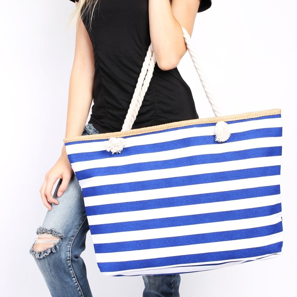 Riah Sapphire Blue & White Stripe Jumbo Beach Bag Tote